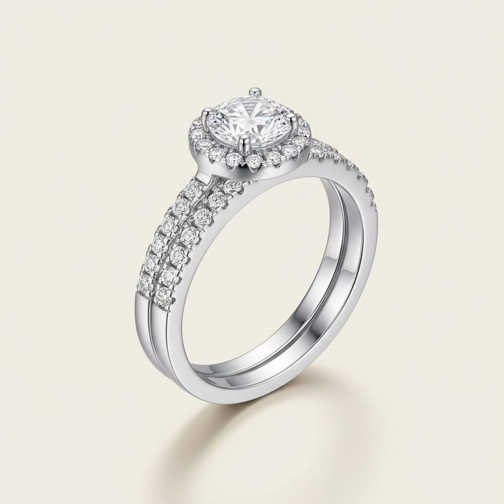 Womens Ring Sterling Silver Halo Wedding Set Bianca - 1 Ct Center Stone Halo With CZ Band Velanci