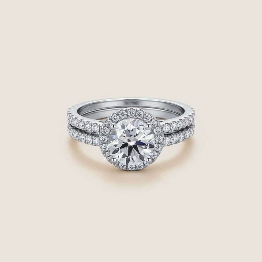Womens Ring Sterling Silver Halo Wedding Set Bianca - 1 Ct Center Stone Halo With CZ Band Velanci