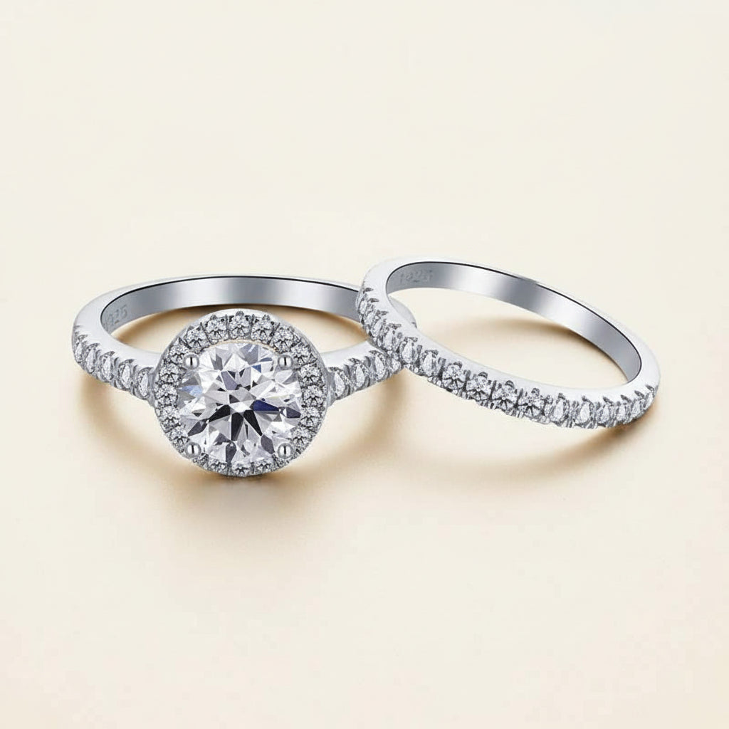 Womens Ring Sterling Silver Halo Wedding Set Bianca - 1 Ct Center Stone Halo With CZ Band Velanci