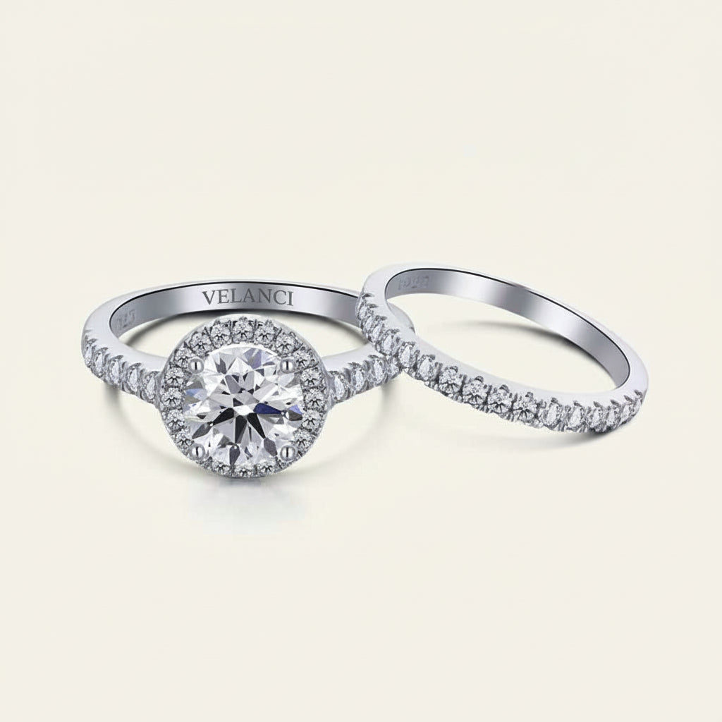 Womens Ring Sterling Silver Halo Wedding Set Bianca - 1 Ct Center Stone Halo With CZ Band Velanci