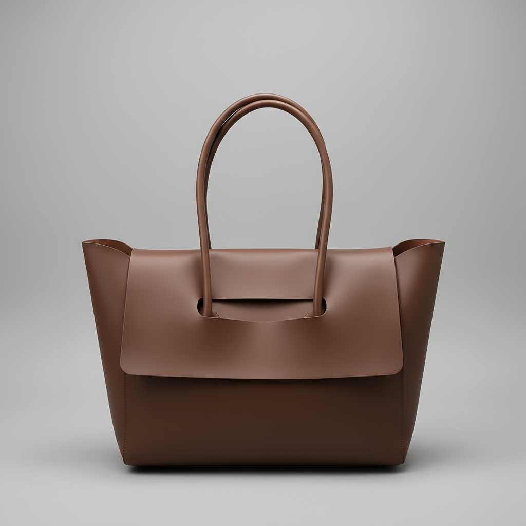 Brown leather handbag on a beige chair with a blurred background