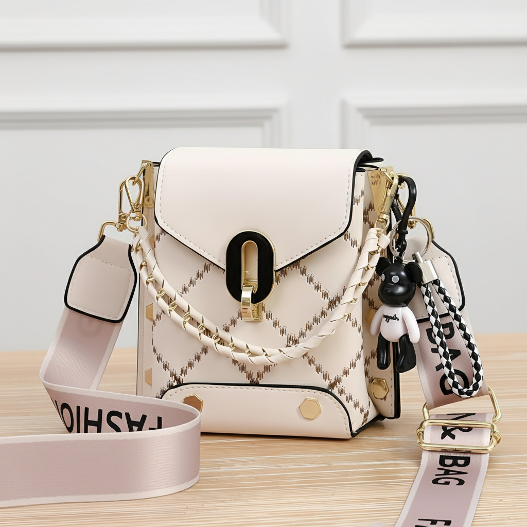 White handbag with gold accents and keychains on a wooden surface