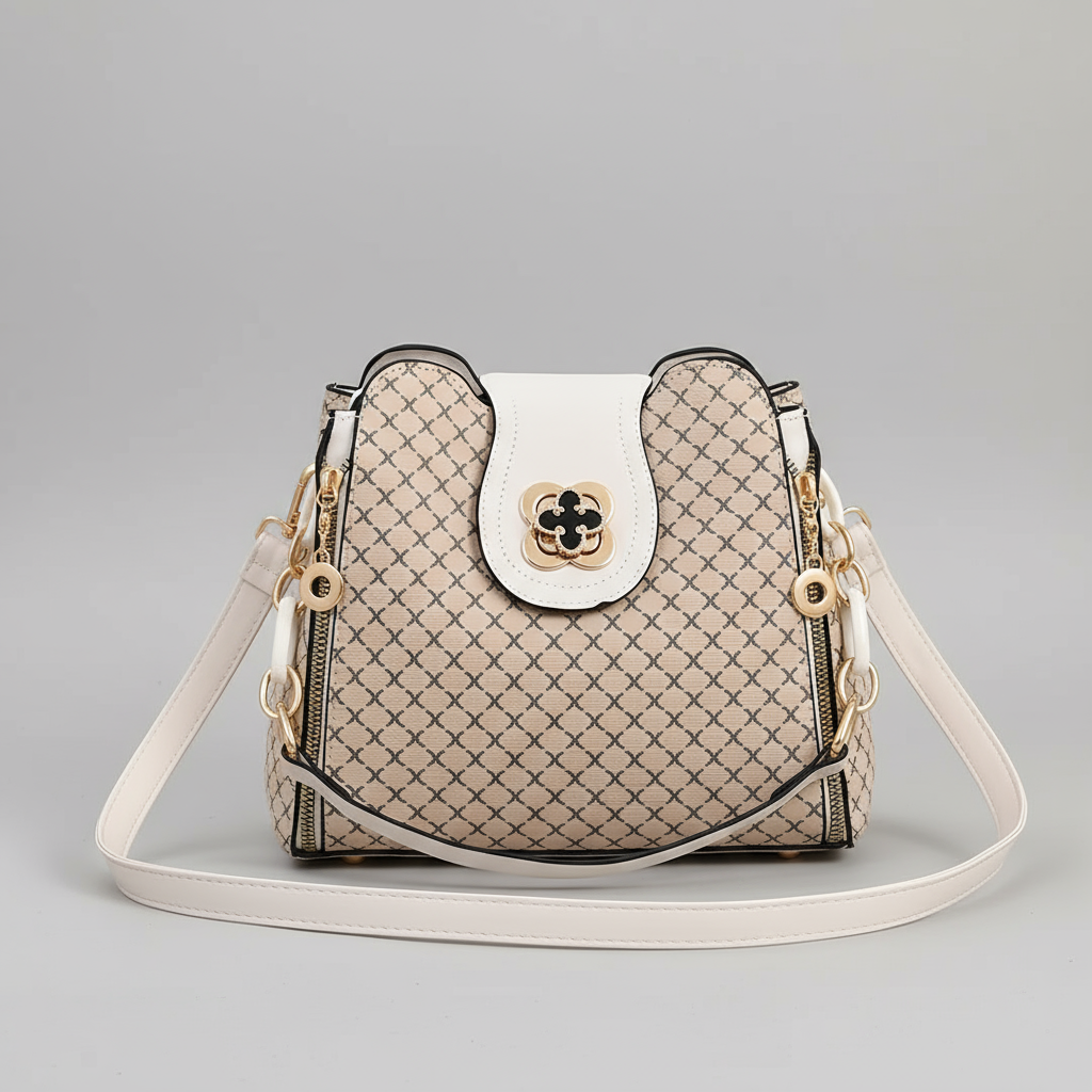 Beige patterned handbag with white strap on a wooden surface