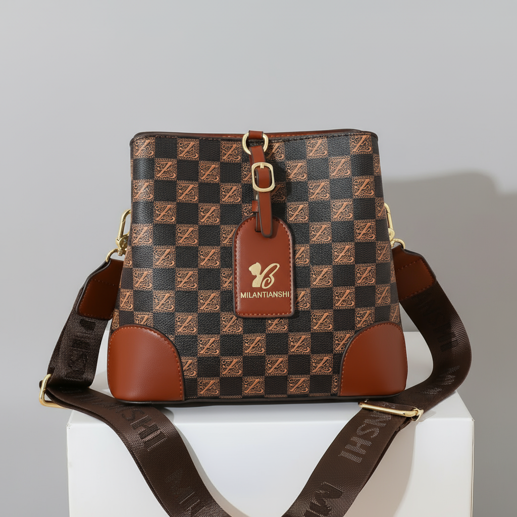 Brown and black checkered handbag with visible brand tag on a beige background