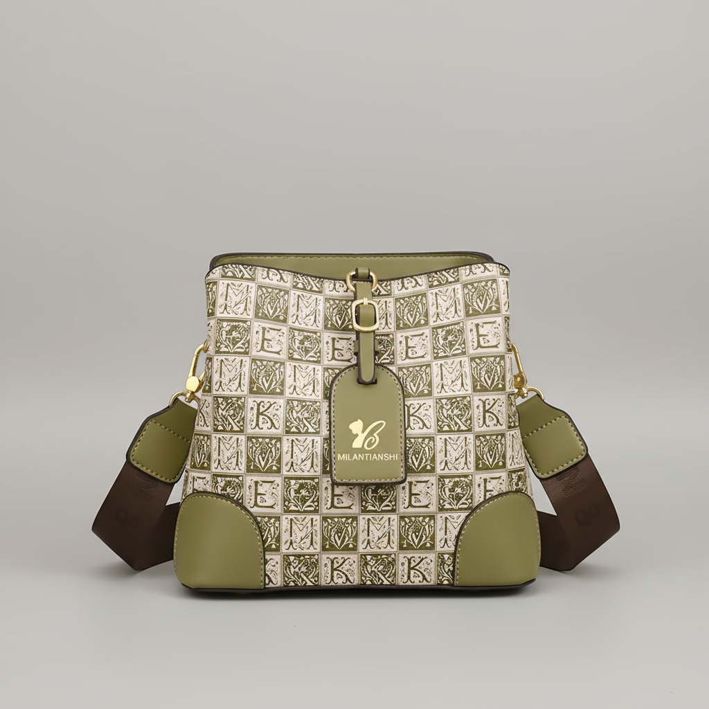 Green and silver patterned handbag with a visible brand logo on an orange box background