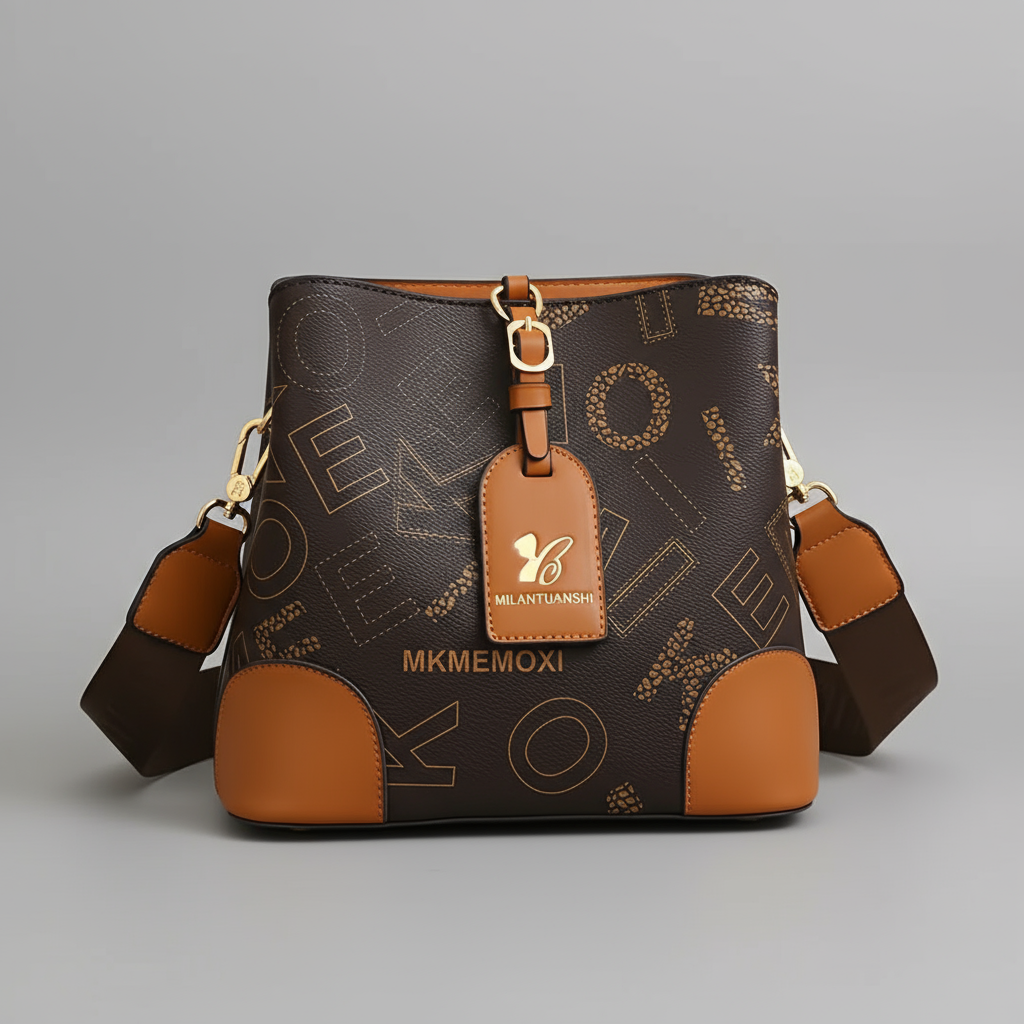 Designer handbag with brand tag on an orange box