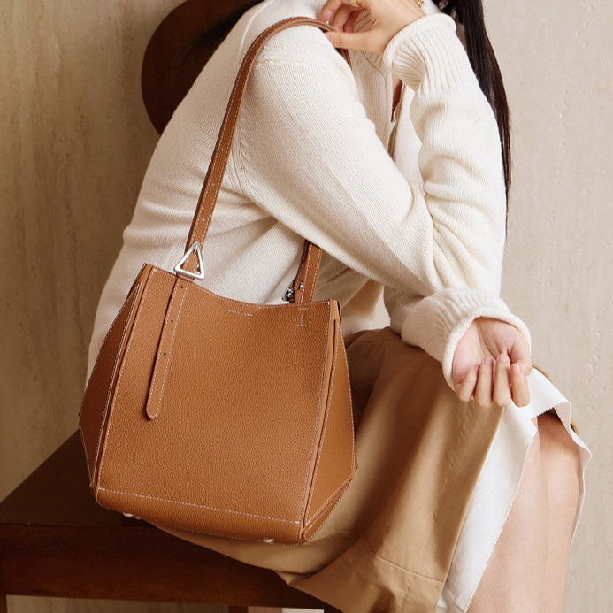 Elegant Camel Textured Leather Shoulder Tote
