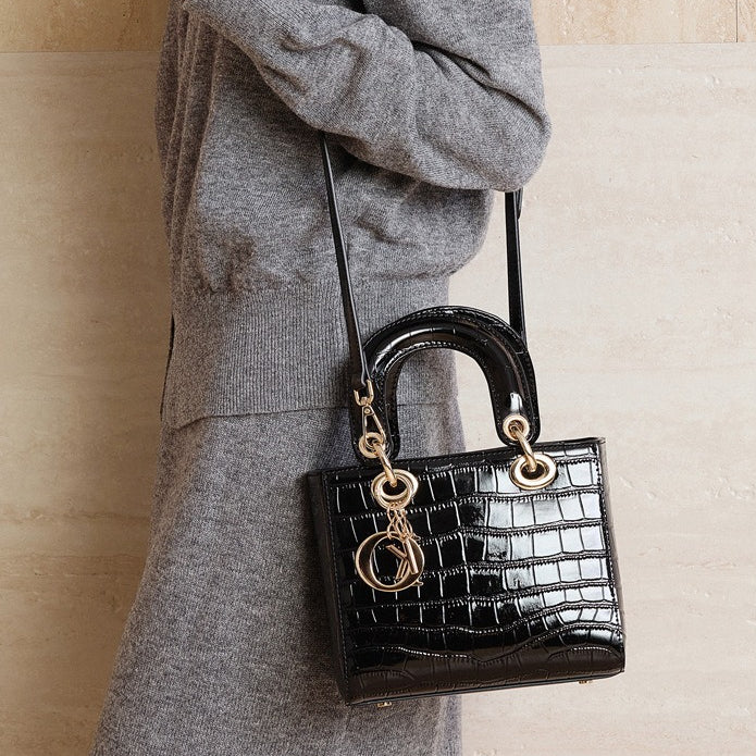 Croc-Embossed Genuine Leather Top-Handle Bag in Creamy White and Black