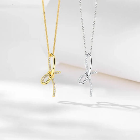 Minimalist Zircon Bow Pendant Necklace - Sterling Silver Velanci