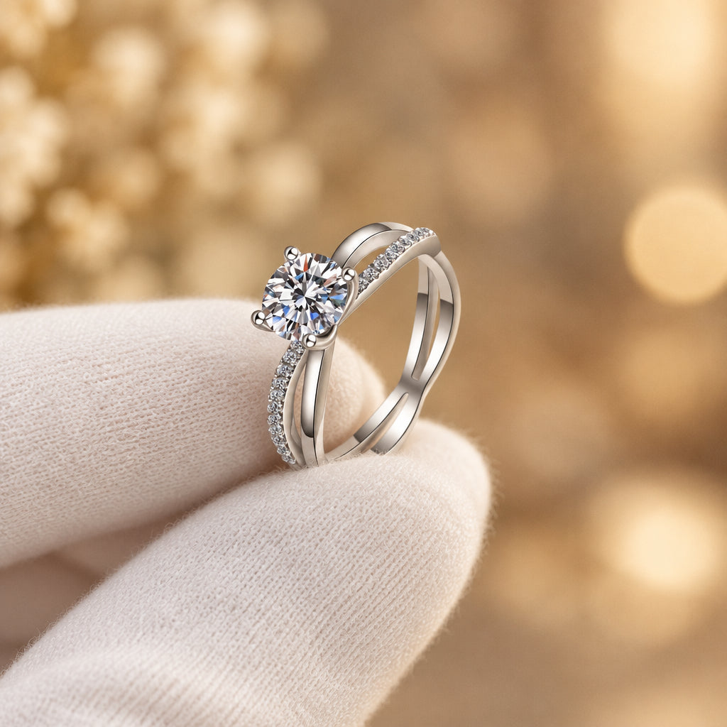 1 Carat Moissanite Ring Giulia - Crisscross Split Shank Women's Ring Velanci
