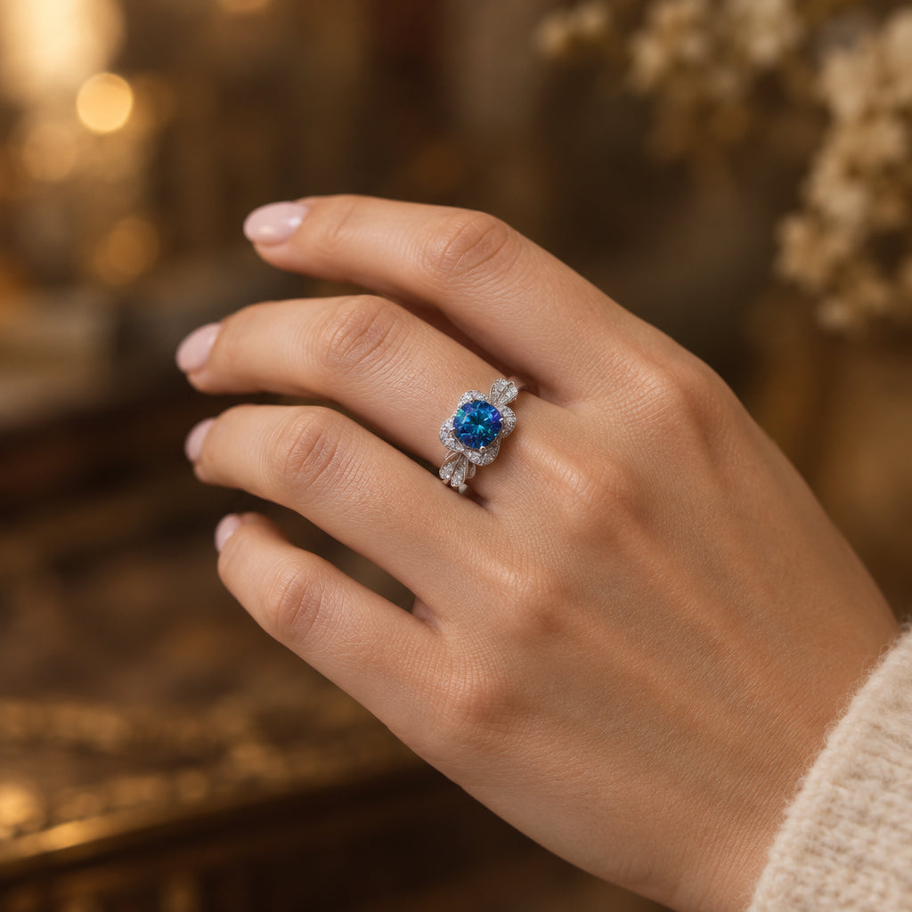 1 Carat Moissanite Sterling Silver Ring Giovanna - Blue Halo Women's Ring Velanci
