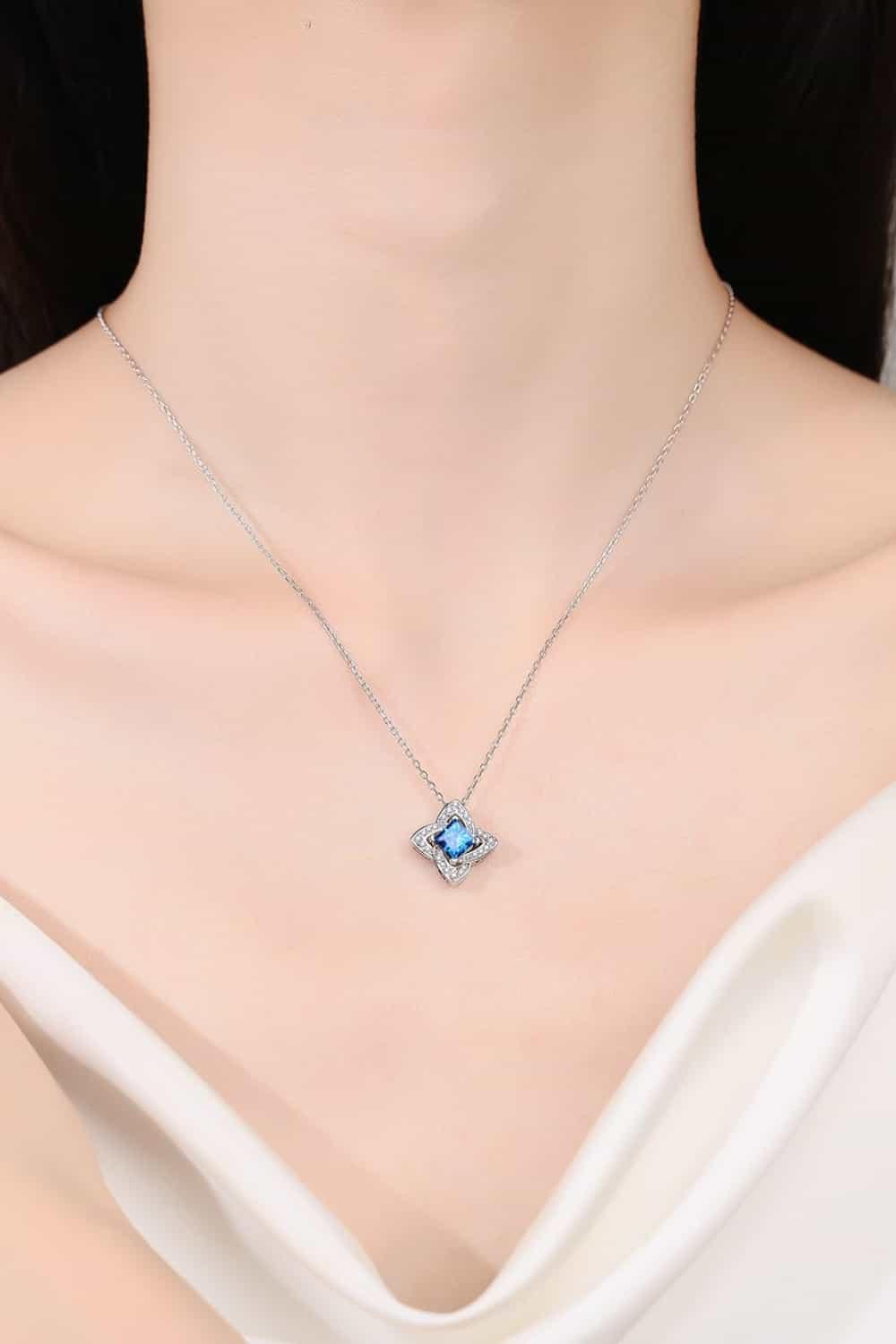 Blue Moissanite Floral Pendant Necklace - 1 Carat Halo Velanci