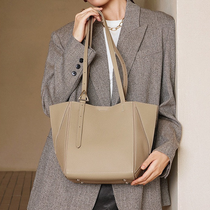 Elegant Camel Textured Leather Shoulder Tote