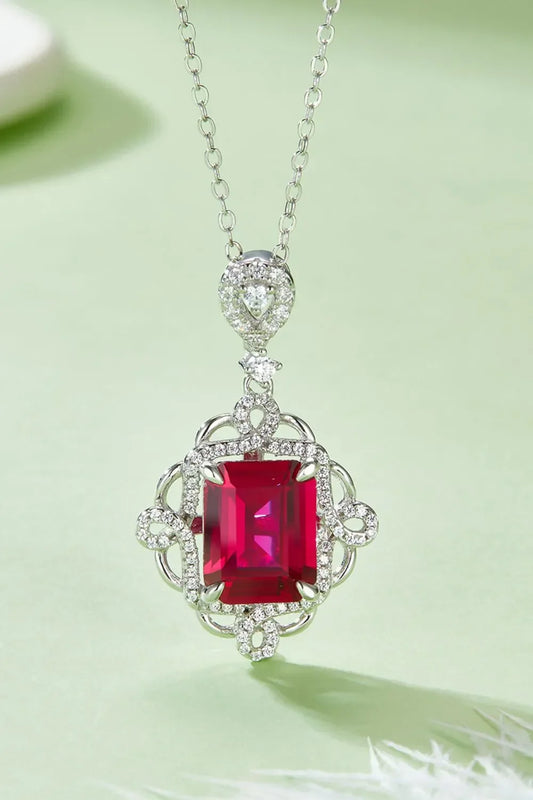 Sterling Silver Ruby Pendant Necklace - Pave Accents Velanci