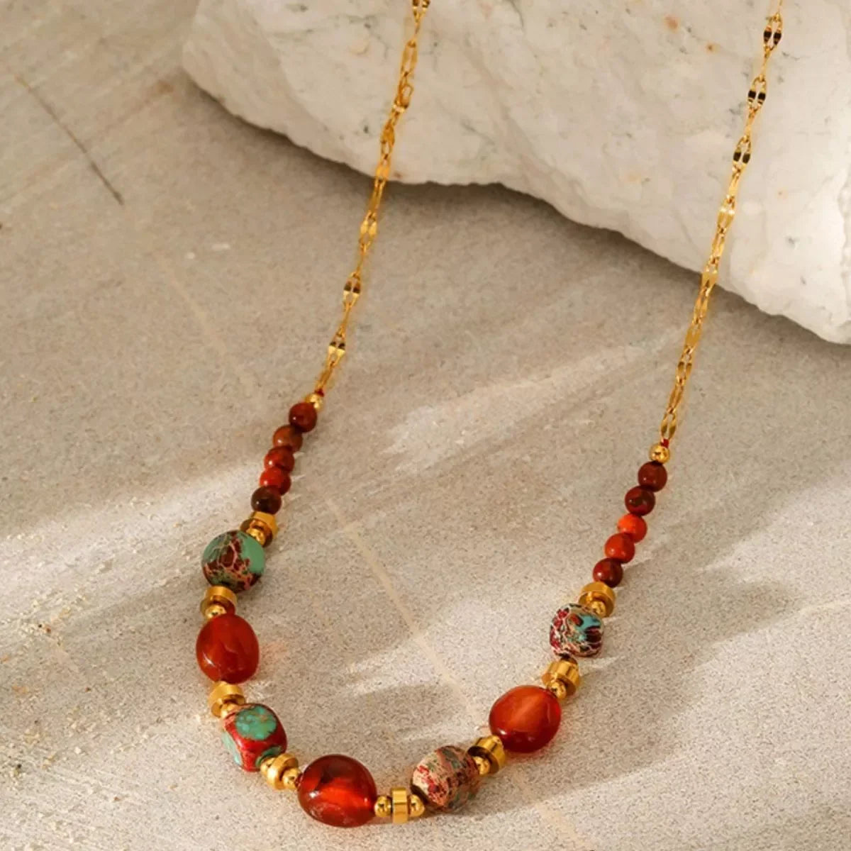 Two-Piece Set Necklace - 18K Gold-Plated Natural Stone Beads Velanci