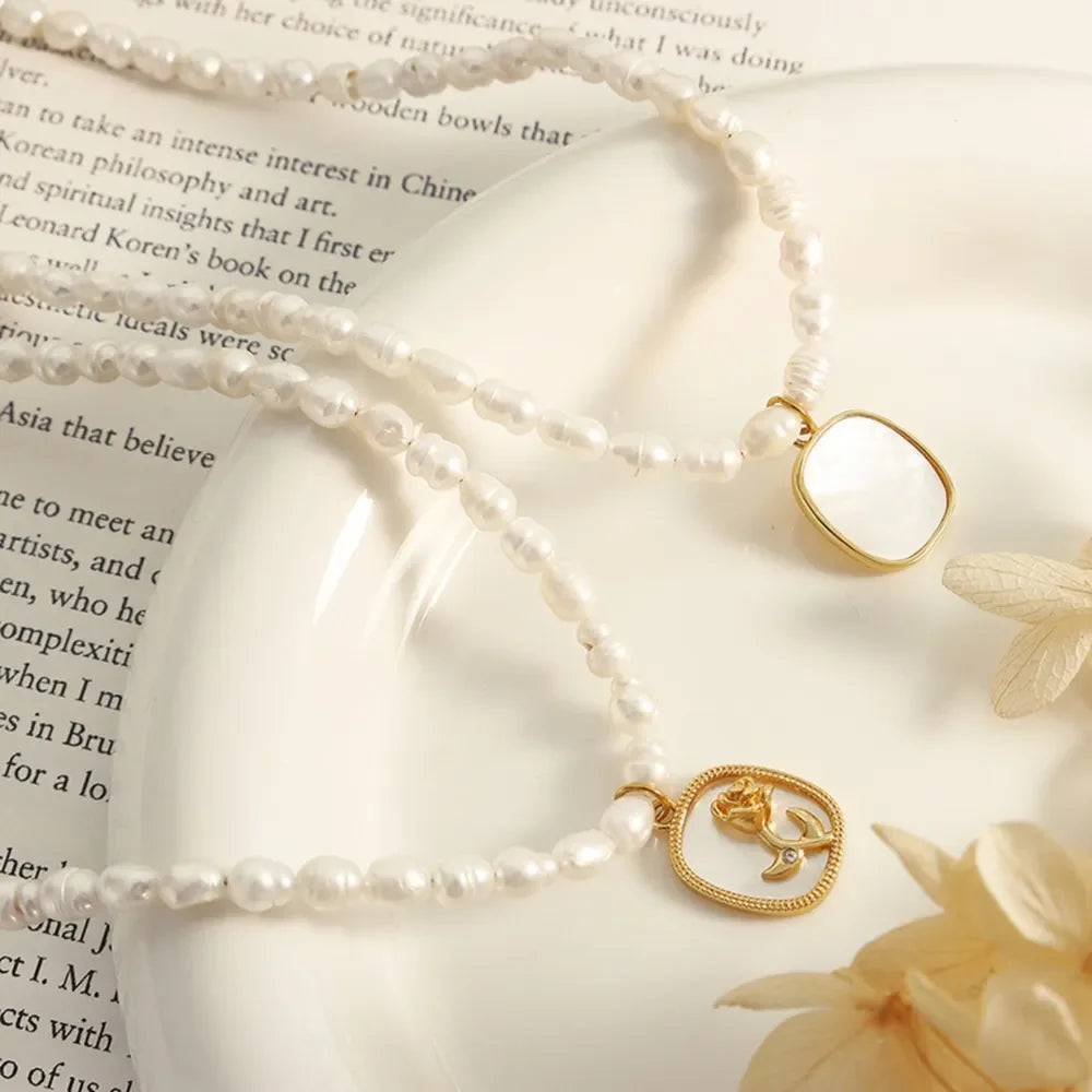 18K Gold-Plated Freshwater Pearl Necklace - Zircon Accents Velanci