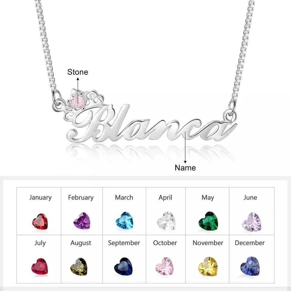 Sterling Silver Birthstone Name Necklace Francesca - Custom Script Name Pendant, Rhodium Plated Velanci