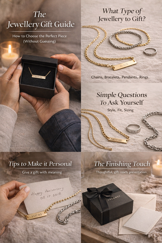 Jewellery selection with engraved bar necklace and ring showing simple questions to ask before gifting.
