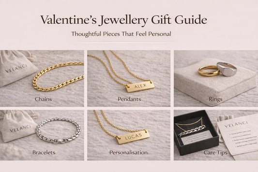 Alt text: Valentine’s Jewellery Gift Guide header with a minimalist grid of jewellery images labeled chains, pendants, rings, bracelets, personalisation and care tips on a neutral background.
