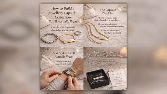 Wide Velanci guide image explaining how to build a jewellery capsule collection with a checklist, mix-and-match styling, and care advice.