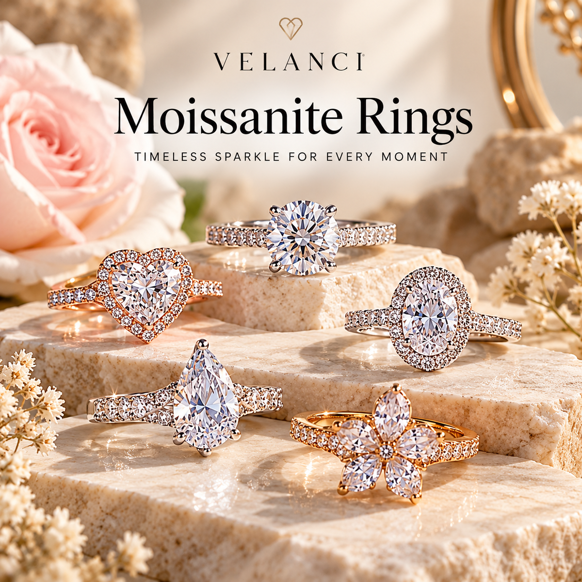 VELANCI Moissanite Rings collection cover with solitaire, heart, oval, pear, and flower rings displayed on warm marble with pink florals