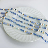 Geometric Pearl Necklace - Blue Chalcedony Pendant Velanci