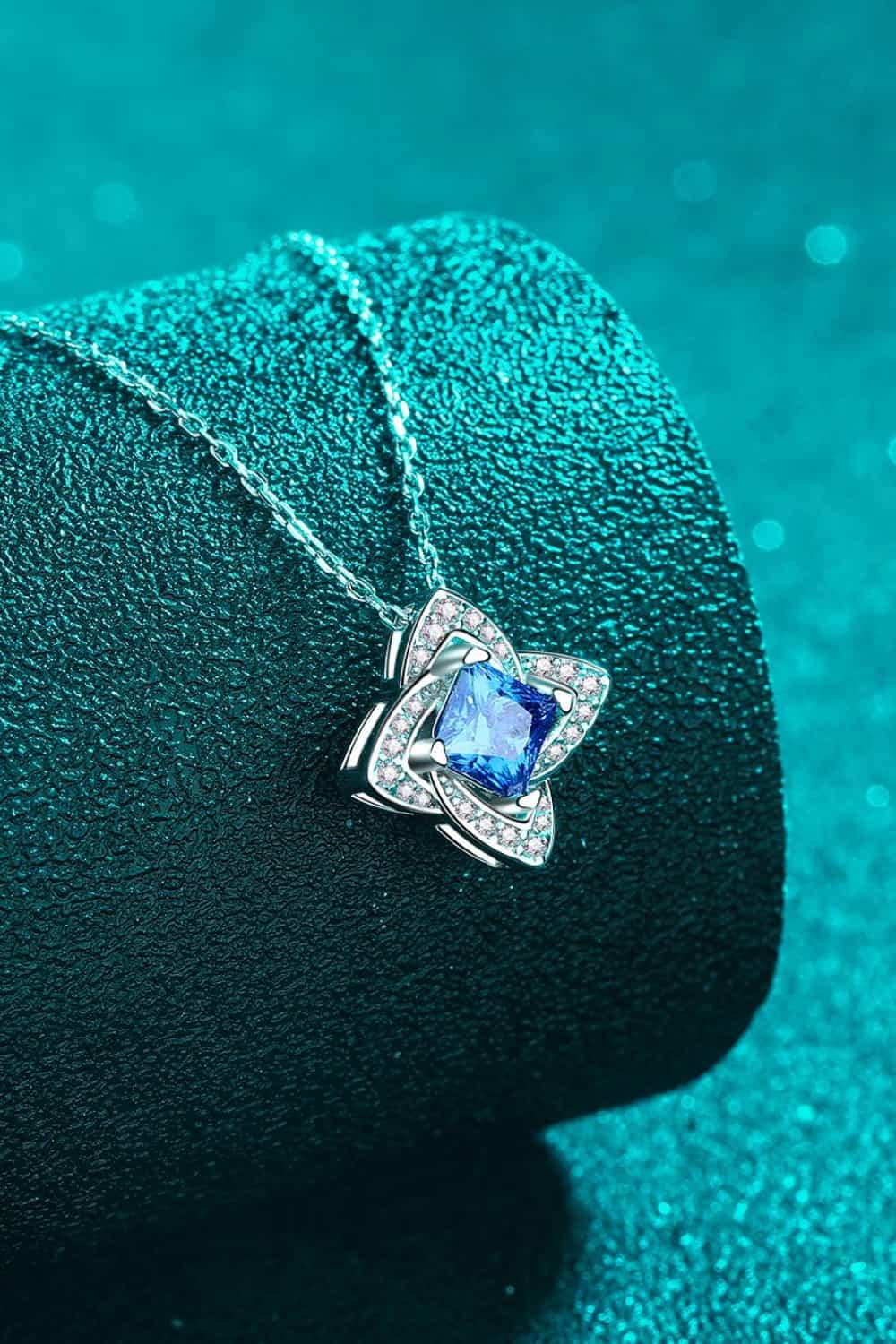 Blue Moissanite Floral Pendant Necklace - 1 Carat Halo Velanci