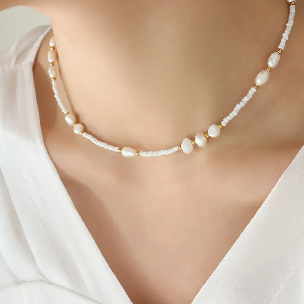 Freshwater Pearl Bead Necklace - Durable Titanium Steel Velanci