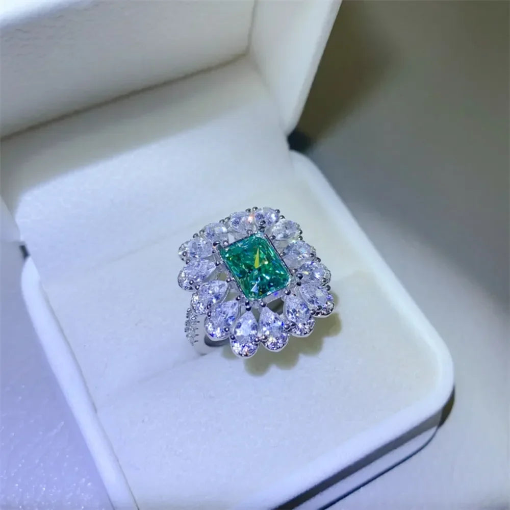 Ring Elena - 3ct Emerald-Cut Moissanite Halo Sterling Silver Women's Ring Velanci