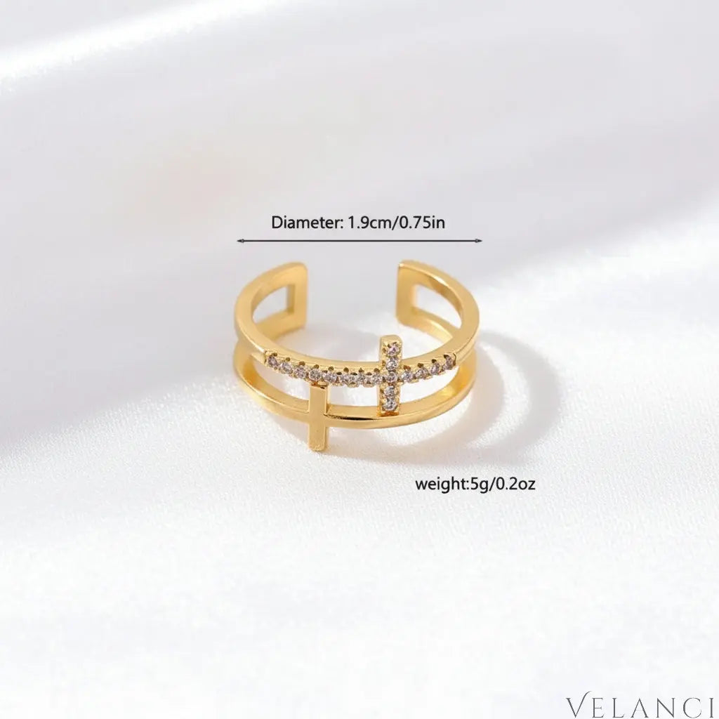 Open Ring Giulia - 18K Gold-Plated Rhinestone Cross Velanci