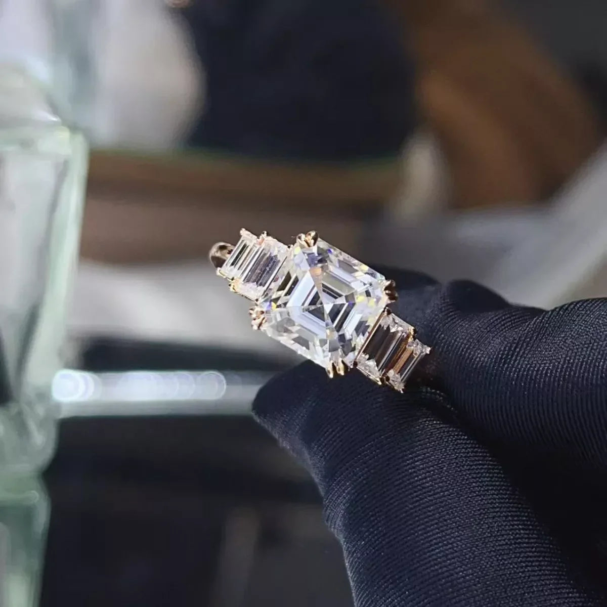 Moissanite Ring Francesca - 3ct Rose-Gold Emerald-Cut Women's Ring Velanci