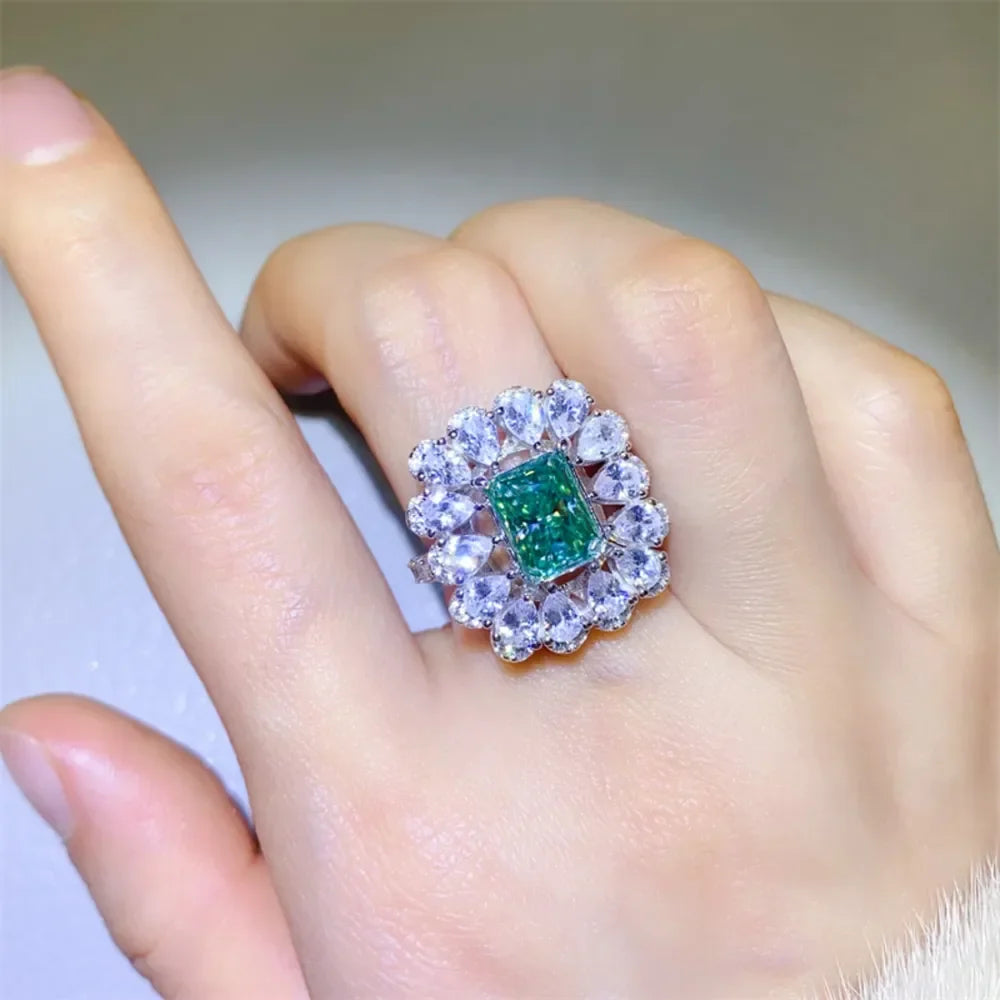 Ring Elena - 3ct Emerald-Cut Moissanite Halo Sterling Silver Women's Ring Velanci