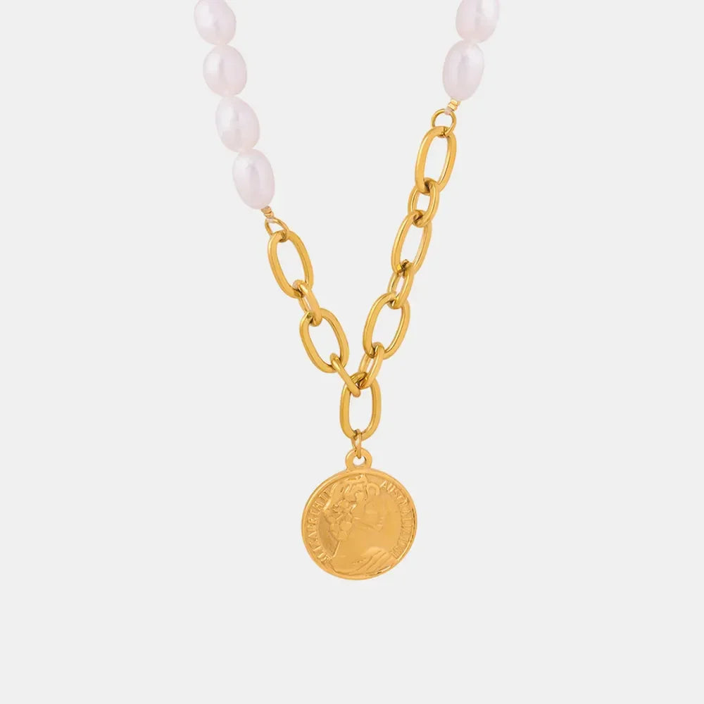 Pearl Coin Pendant Necklace - Gold Plated Titanium Chain Velanci