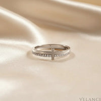 Sterling Cross Ring Giulia - Zircon Accent Minimalist Band Velanci