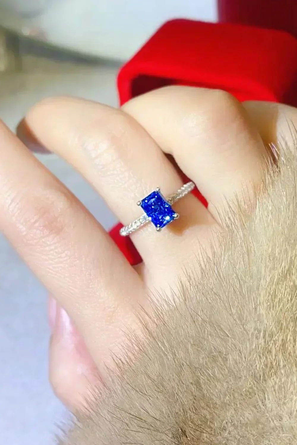 Moissanite Rectangle Ring Chiara - Azure Blue Sparkle Women's Ring Velanci