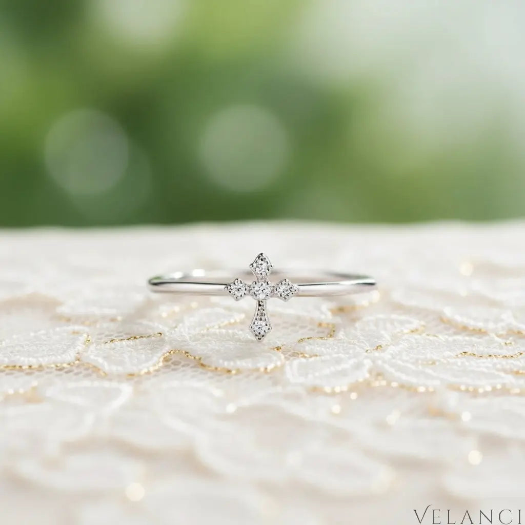 Sterling Silver Zircon Cross Ring Bianca - Delicate Sparkle Velanci