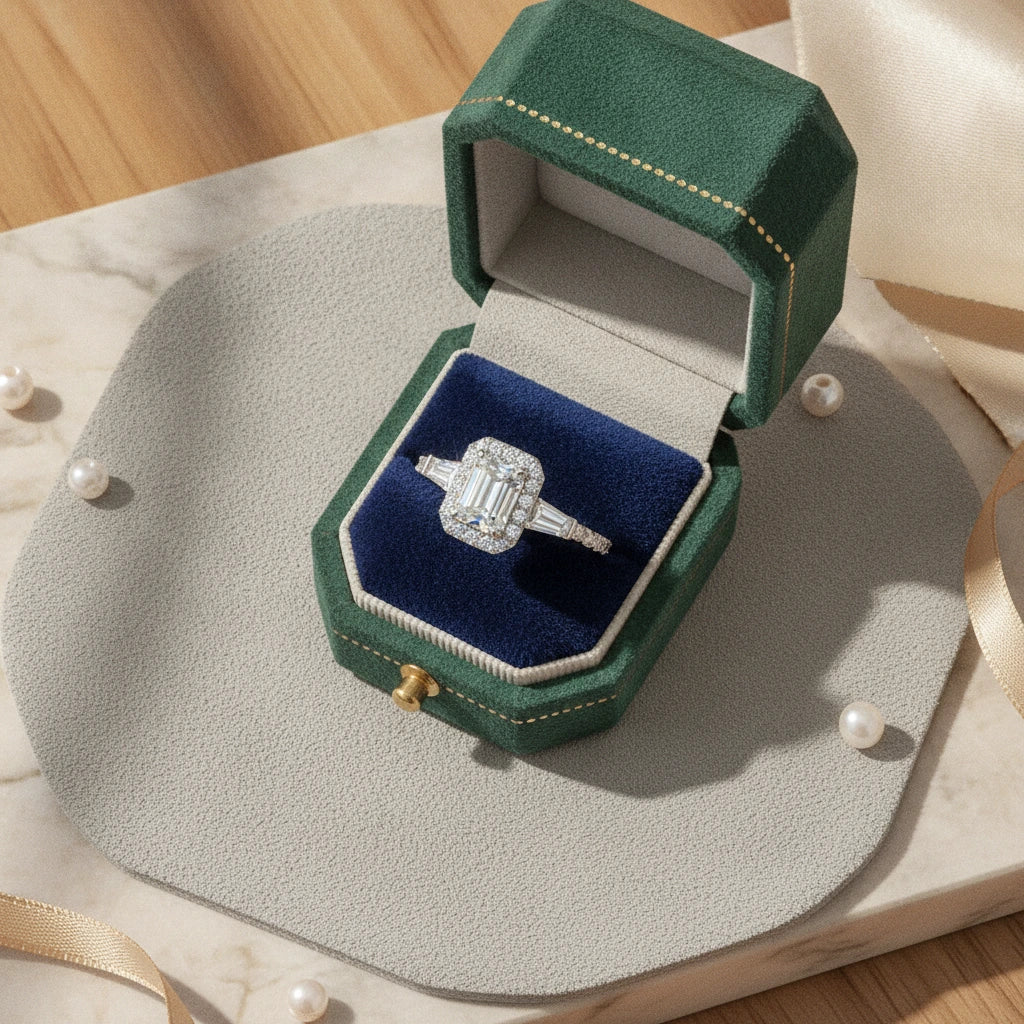 1 Carat Moissanite Geometric Ring Francesca - Emerald Halo Women's Ring Velanci
