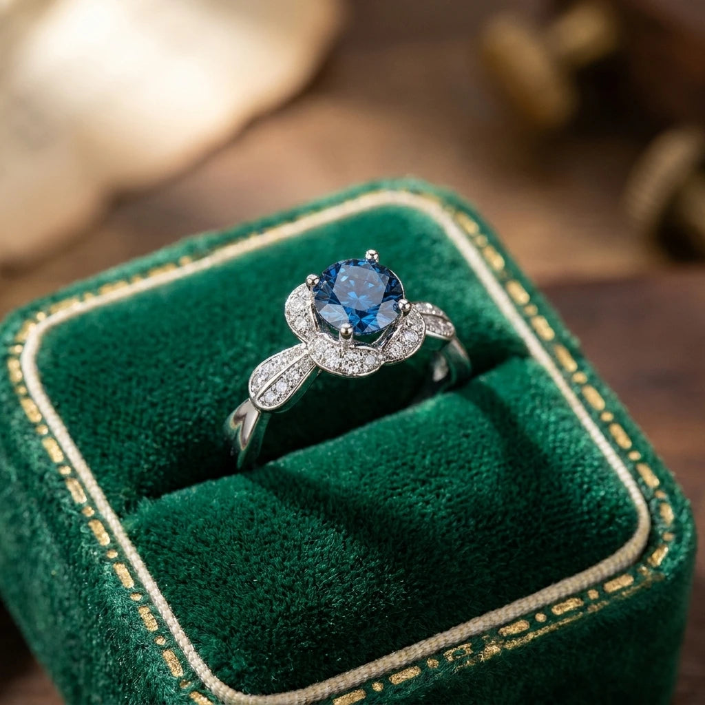 1 Carat Moissanite Sterling Silver Ring Giovanna - Blue Halo Women's Ring Velanci