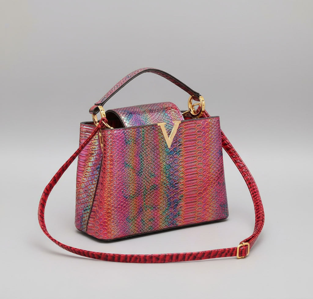 Multicolored handbag with a red strap on a wooden table