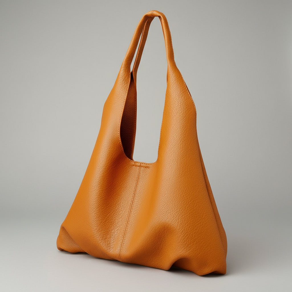 Brown leather handbag on a beige background