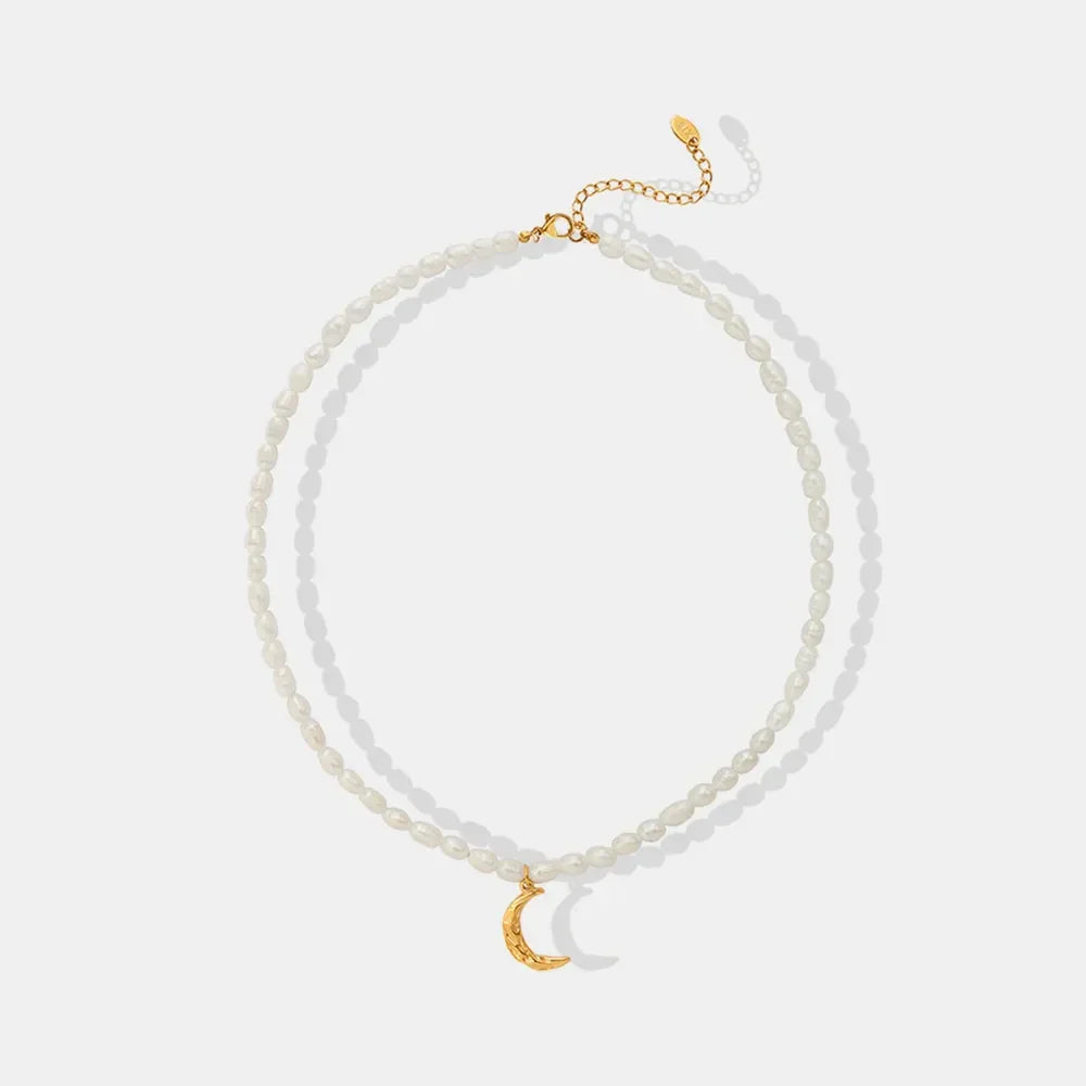 Freshwater Pearl Moon Pendant Necklace - Moon Charm Velanci