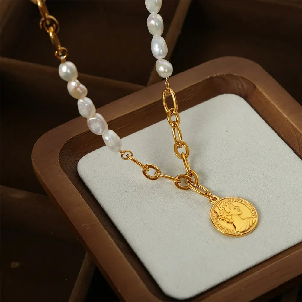 Pearl Coin Pendant Necklace - Gold Plated Titanium Chain Velanci