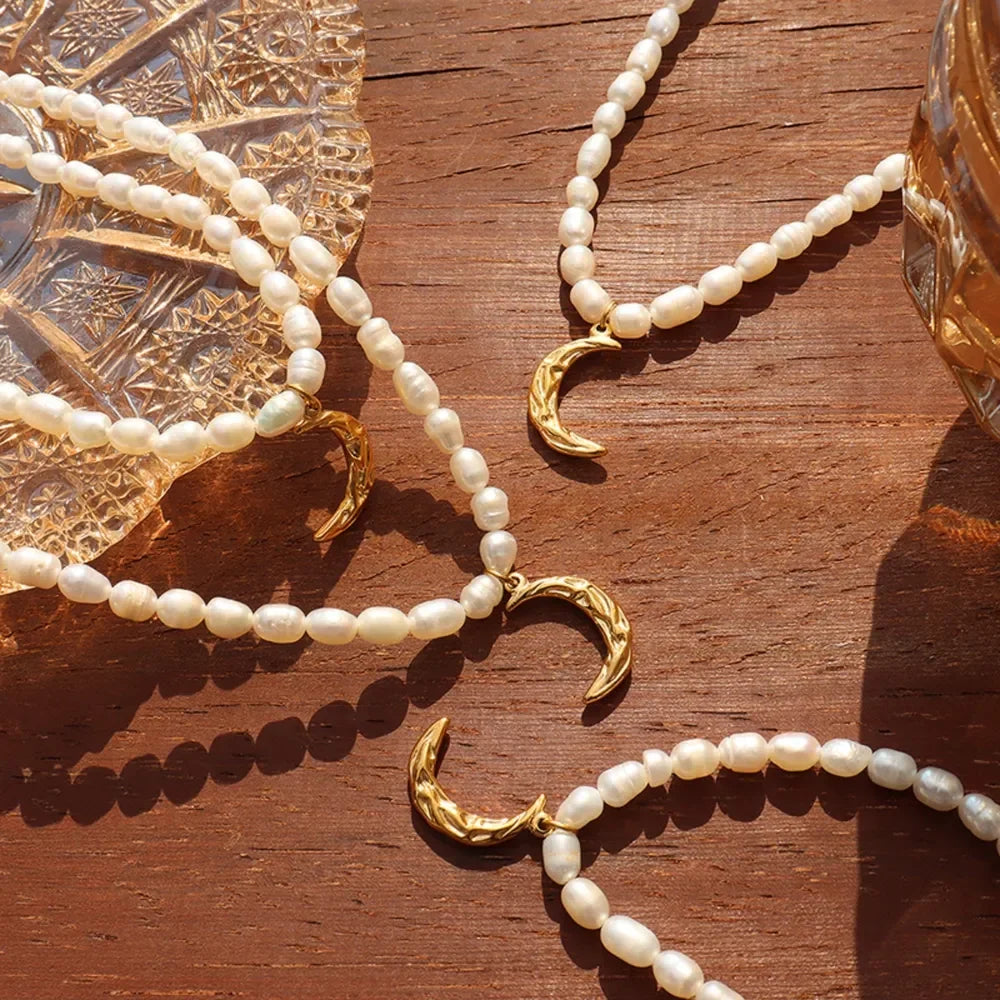 Freshwater Pearl Moon Pendant Necklace - Moon Charm Velanci