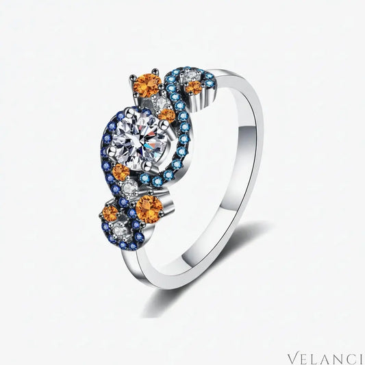 Moissanite Ring Valentina - Blue-Orange Halo Half Carat Women's Ring Velanci
