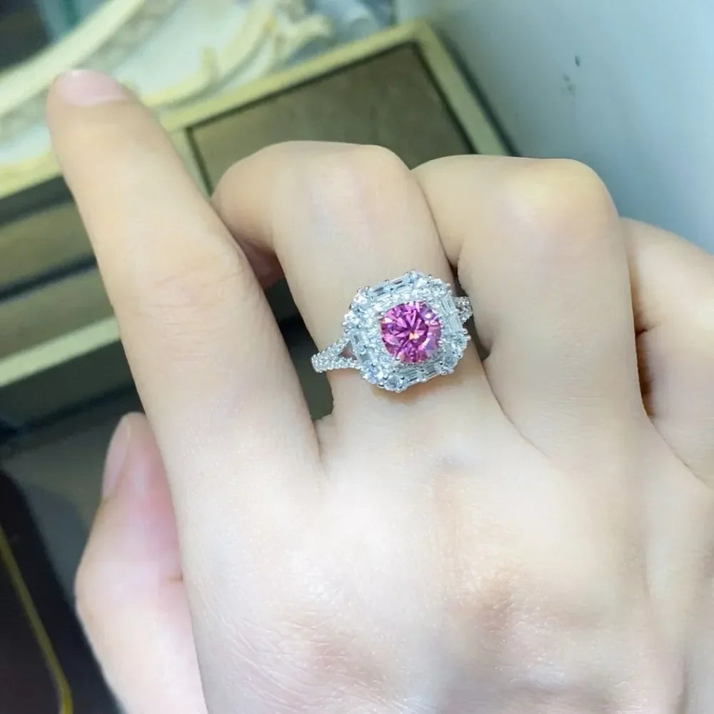 Moissanite Zircon Sterling Silver Ring Giovanna - Pink Halo Women's Ring Velanci