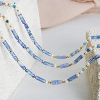 Geometric Pearl Necklace - Blue Chalcedony Pendant Velanci