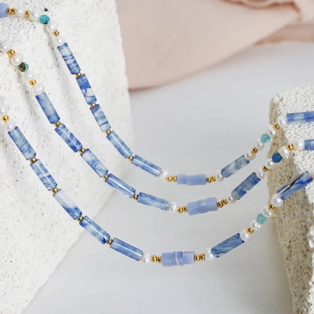 Geometric Pearl Necklace - Blue Chalcedony Pendant Velanci