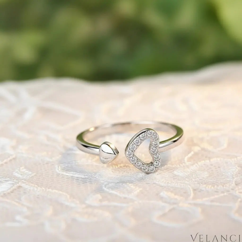 Platinum-Plated Zircon Heart Ring Giulia - Open Heart Velanci