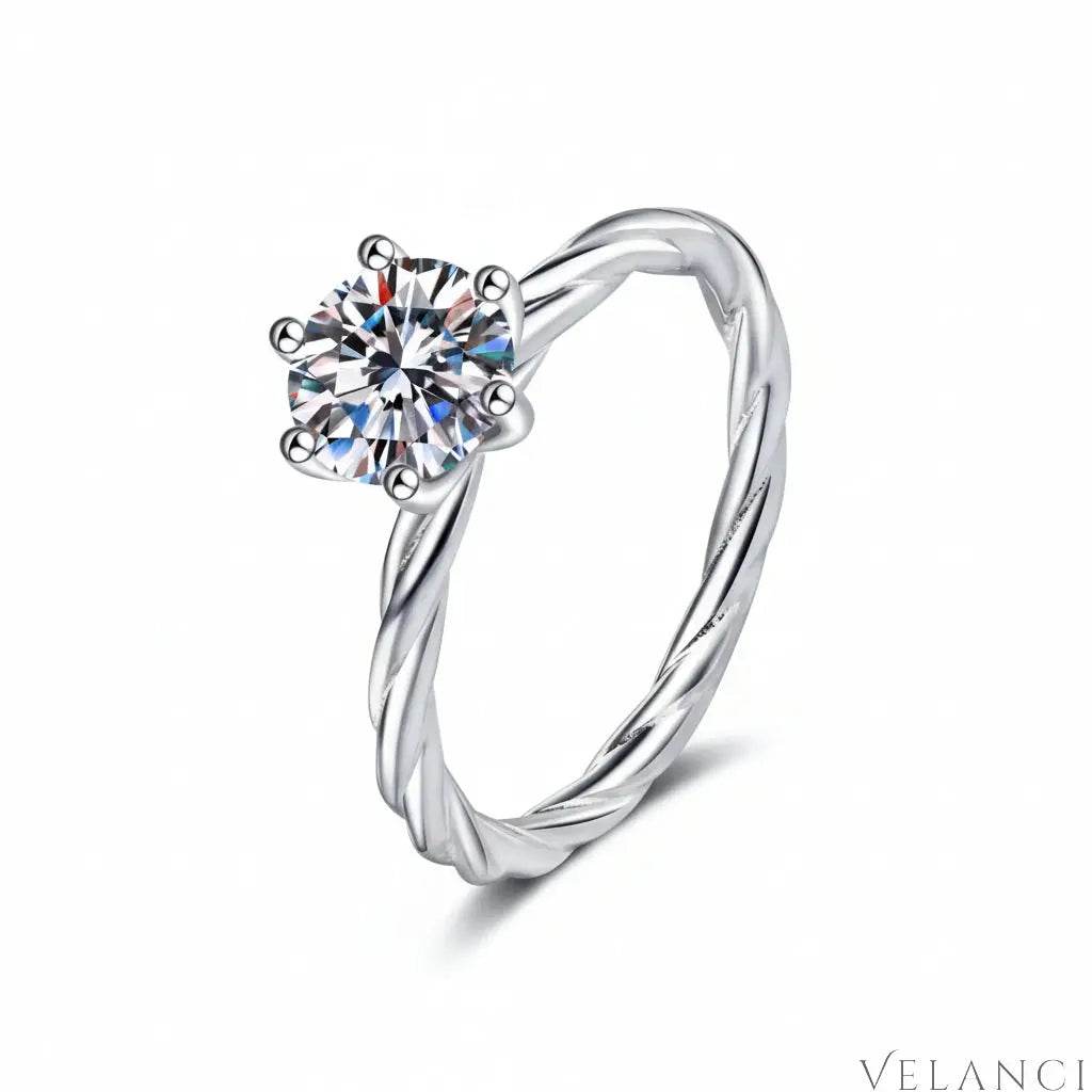 Ring Alessandra - 1 Carat Moissanite Sterling Silver Twist Women's Ring Velanci