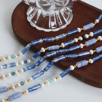 Geometric Pearl Necklace - Blue Chalcedony Pendant Velanci